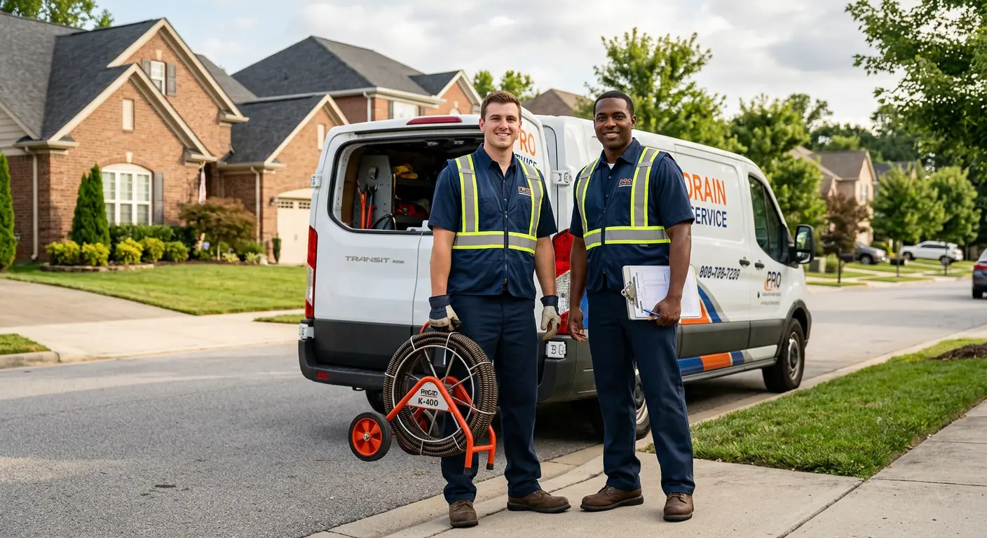 Sewer and drain service team with equipment ready for work in Marietta