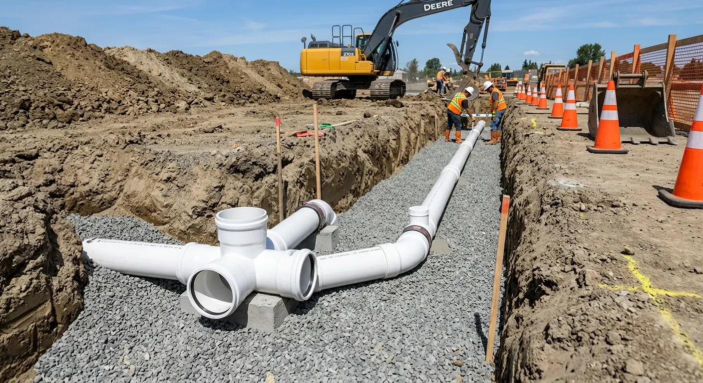 New PVC sewer pipe installation in open trench for Sewer Backup in Marietta