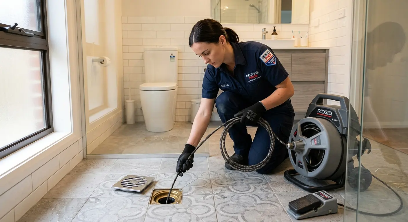 Technician clearing a bathroom floor drain for Drain Repair in Marietta